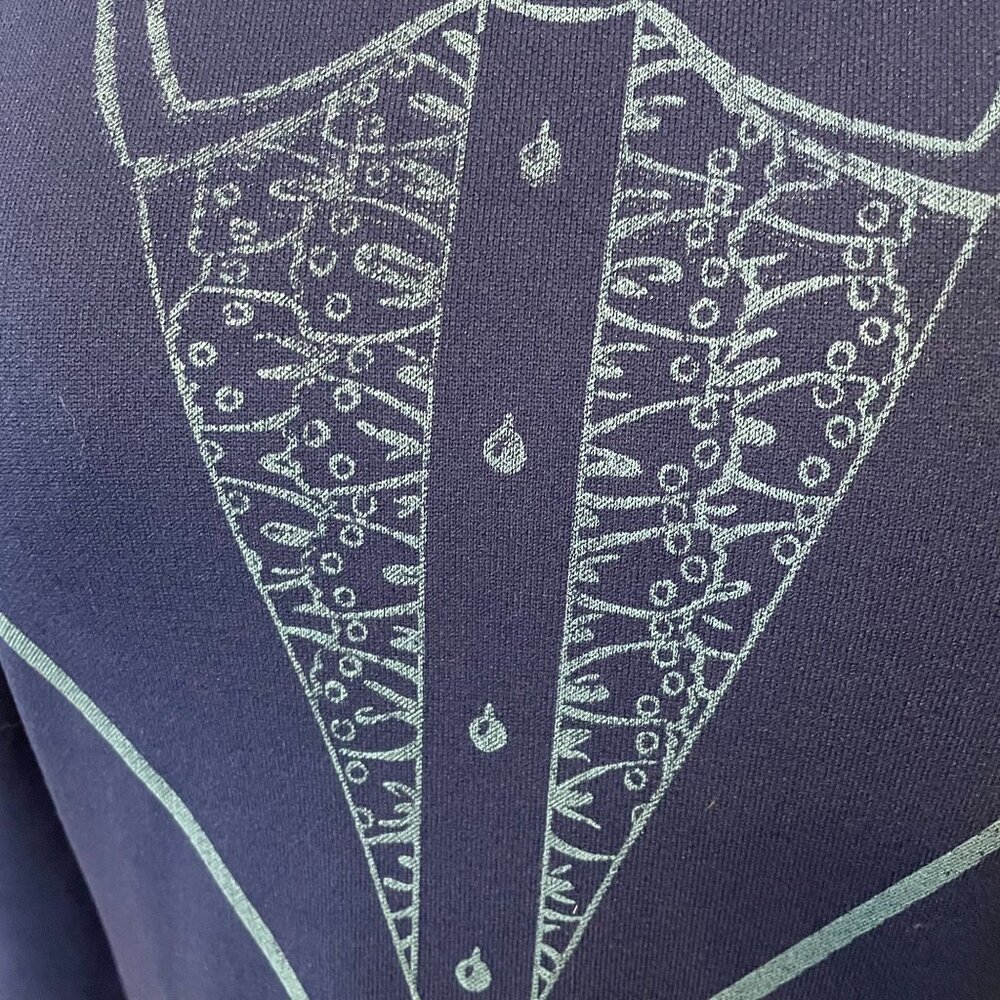 70s Vintage Blue Polyester Long-Sleeve Tuxedo Graphic Print Top Size L - Picture 2 of 4